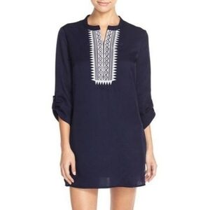 Mott 50 UPF Tunic XSmall Navy White Embroidery Swim Cover Up